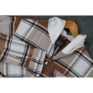 Retro Stitch Mens Hooded Flannel Shirt Brown White Plaid Long Sleeve Size Medium